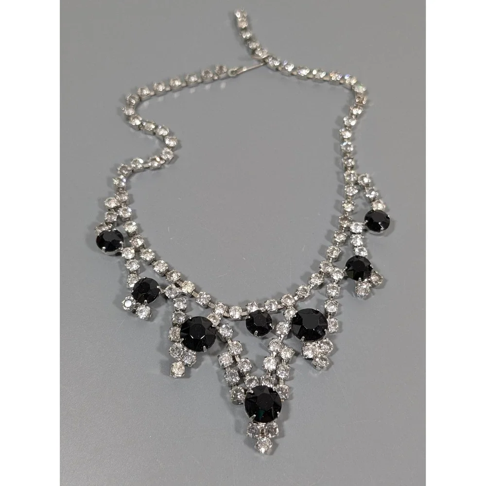 Vintage Black Clear Rhinestone Choker Necklace Silver‎ Tone Bib Statement 15
